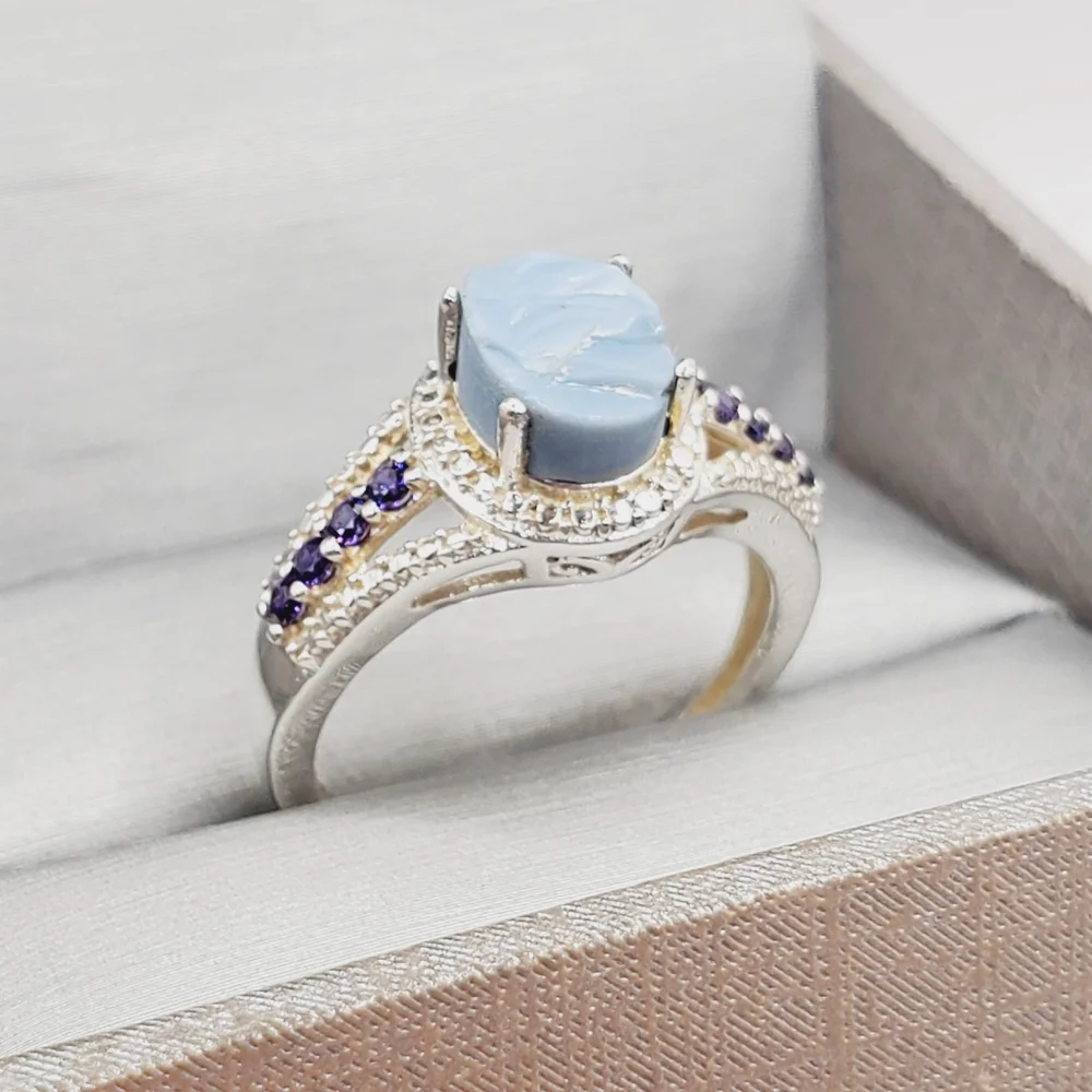 Genuine Rough Cut Blue Oregon Opal & Purple Diamond Simulants 925 Silver Ring
